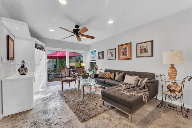 living room featuring ceiling fan