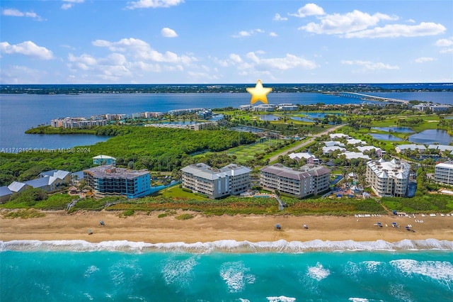 drone / aerial view with a water view and a view of the beach