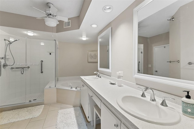 bathroom featuring tile patterned floors, vanity, ceiling fan, and independent shower and bath