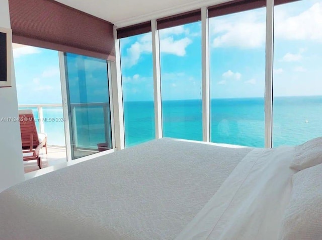 bedroom with expansive windows, a water view, and multiple windows