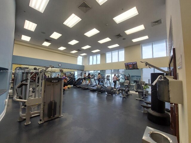 workout area featuring a high ceiling