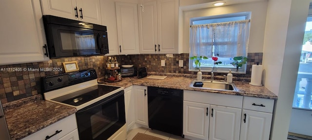 kitchen with decorative backsplash, sink, white cabinets, and black appliances