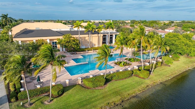 drone / aerial view with a water view