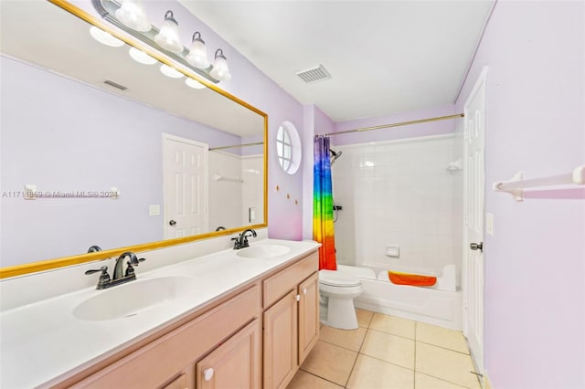 full bathroom with toilet, shower / tub combo, vanity, and tile patterned floors