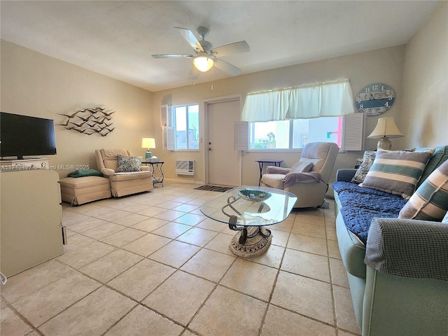1504 S Surf Rd Unit 57, Hollywood, FL 33019 - living room featuring an AC wall unit, a ceiling fan, and light tile patterned floors
