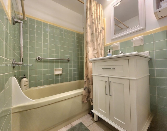 1504 S Surf Rd Unit 57, Hollywood, FL 33019 - full bathroom featuring tile patterned floors, shower / tub combo with curtain, tile walls, and vanity