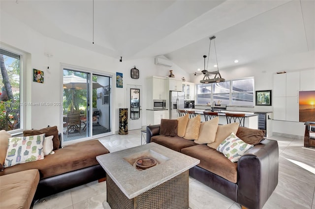 tiled living room with a wall mounted air conditioner, high vaulted ceiling, beverage cooler, and ceiling fan