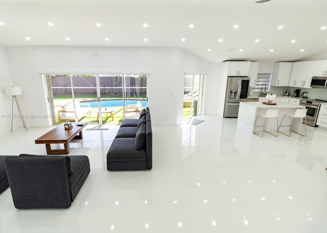 tiled living room with sink and a healthy amount of sunlight