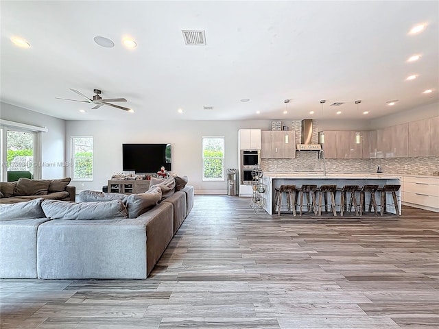 living room with a wealth of natural light, ceiling fan, and light hardwood / wood-style floors