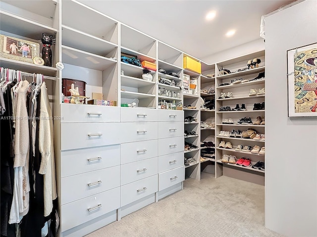 spacious closet featuring light colored carpet