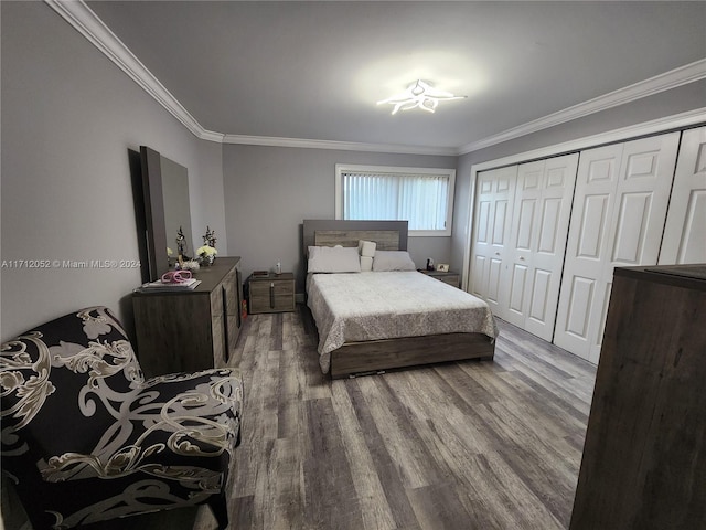 bedroom with a closet, hardwood / wood-style floors, and ornamental molding