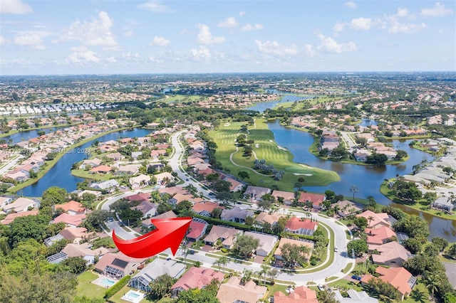 drone / aerial view featuring a water view