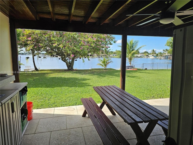 view of patio featuring a water view and ceiling fan