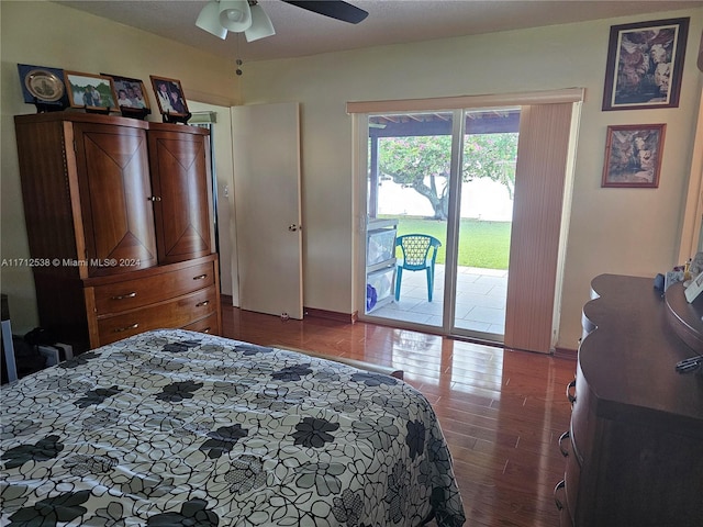 bedroom with wood-type flooring, access to outside, and ceiling fan