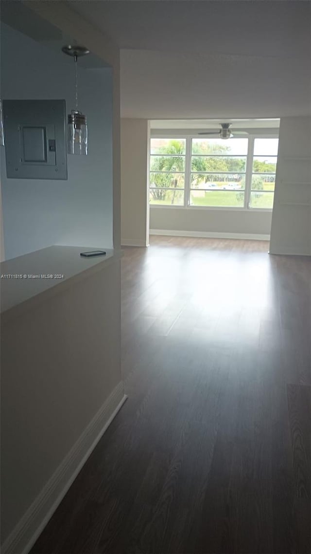 empty room featuring electric panel, a healthy amount of sunlight, and dark wood-type flooring