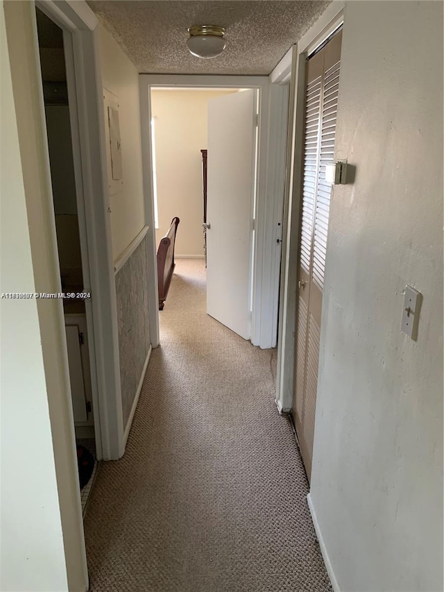 hall with light carpet and a textured ceiling