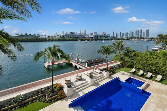 view of pool with a water view and a boat dock