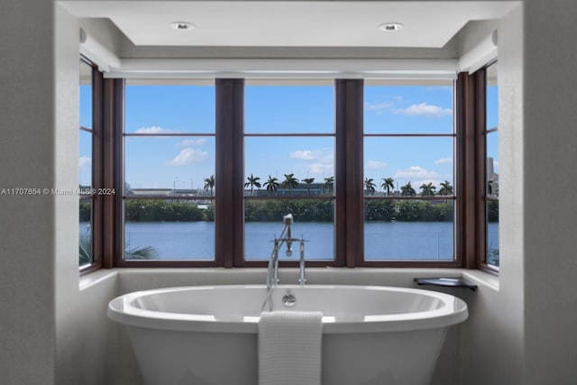 bathroom featuring a washtub, a water view, and plenty of natural light