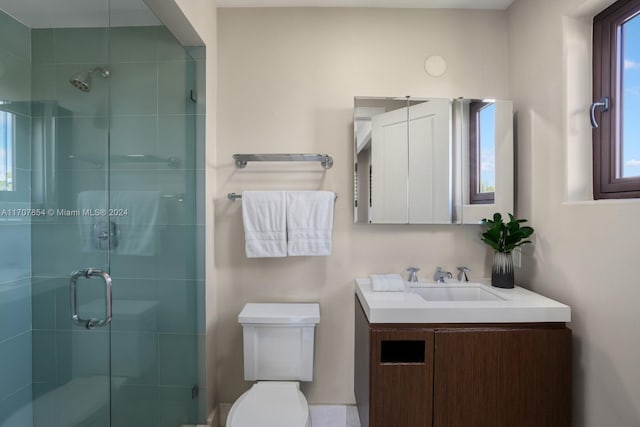 bathroom featuring toilet, an enclosed shower, and vanity