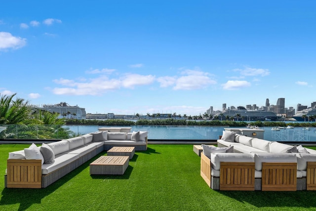 exterior space featuring a water view and an outdoor hangout area