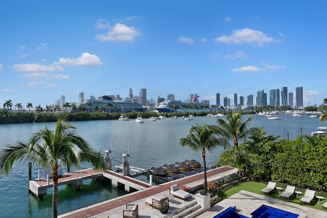 property view of water with a dock