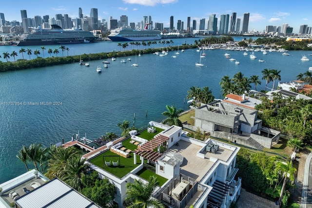 drone / aerial view with a water view