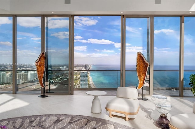 interior space with wood-type flooring, a water view, and floor to ceiling windows