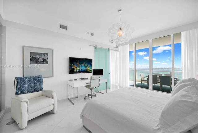 tiled bedroom featuring access to outside, an inviting chandelier, and floor to ceiling windows