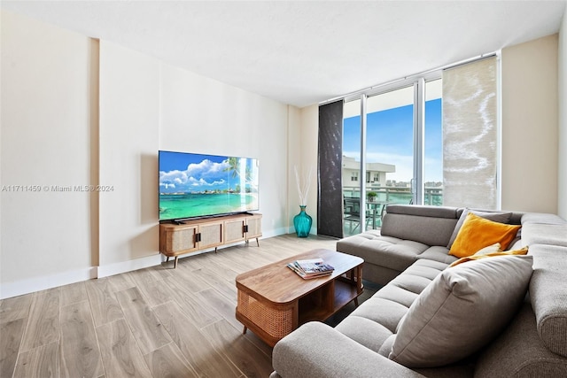 living room featuring hardwood / wood-style flooring and a wall of windows