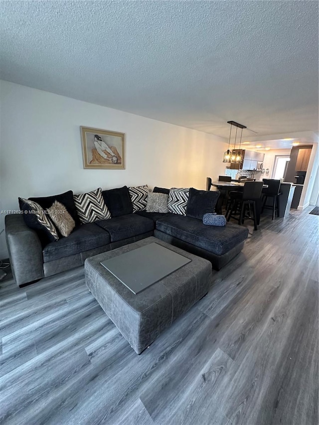 living room featuring hardwood / wood-style floors and a textured ceiling