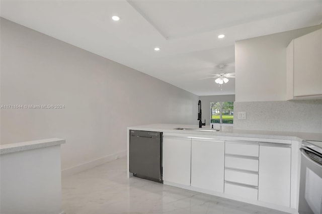 kitchen featuring ceiling fan, sink, white cabinets, and black dishwasher