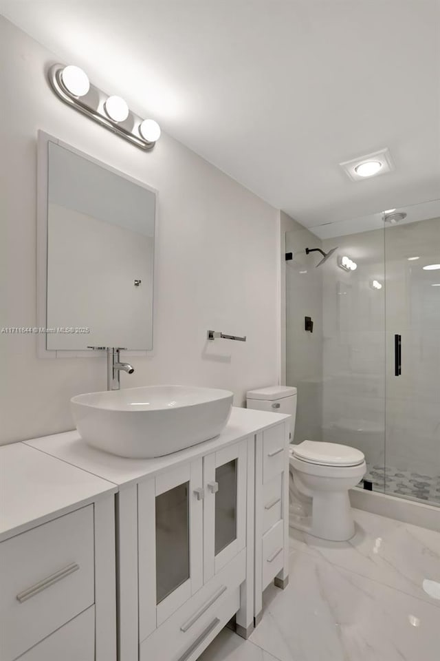 bathroom with vanity, a shower with door, and toilet