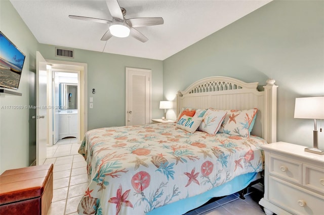 bedroom featuring light tile patterned floors, a closet, and ceiling fan