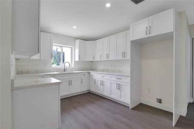 kitchen with light wood-type flooring, light stone counters, white cabinetry, and sink