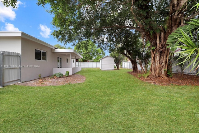 view of yard with a storage shed