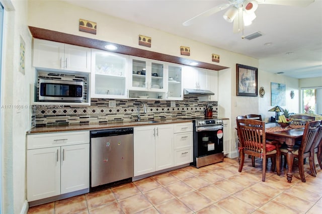 kitchen featuring white cabinetry, sink, ceiling fan, tasteful backsplash, and appliances with stainless steel finishes