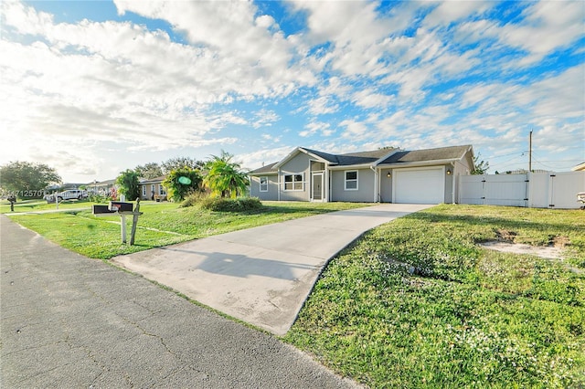 ranch-style house featuring a front lawn and a garage