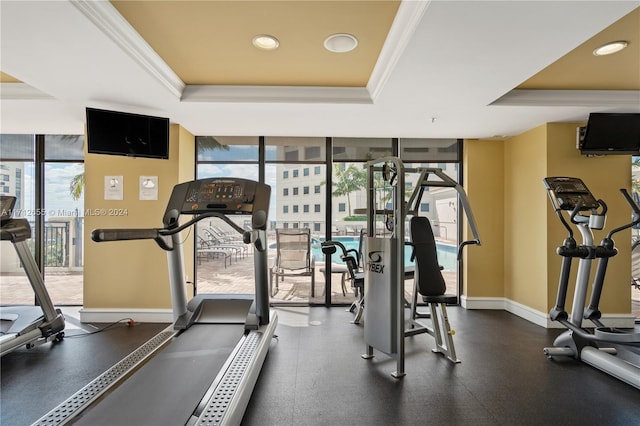 exercise room with plenty of natural light, ornamental molding, and a tray ceiling