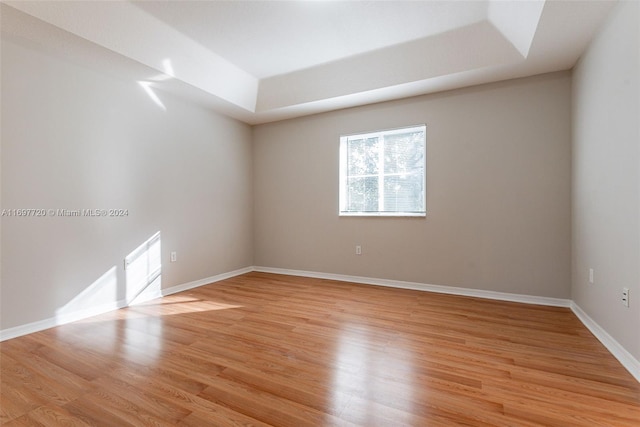 empty room with a raised ceiling and light hardwood / wood-style floors