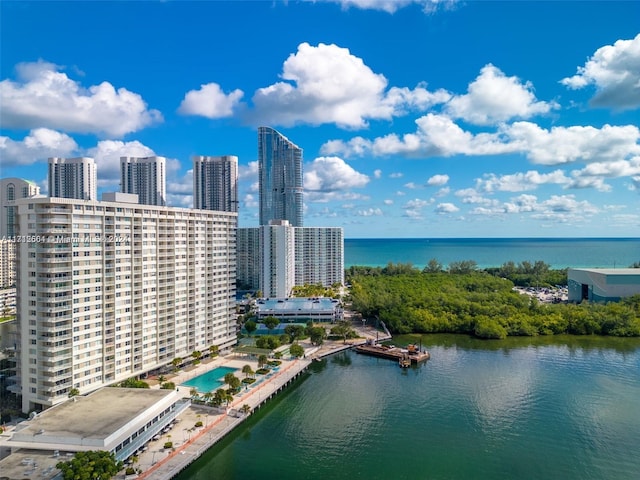 aerial view featuring a water view