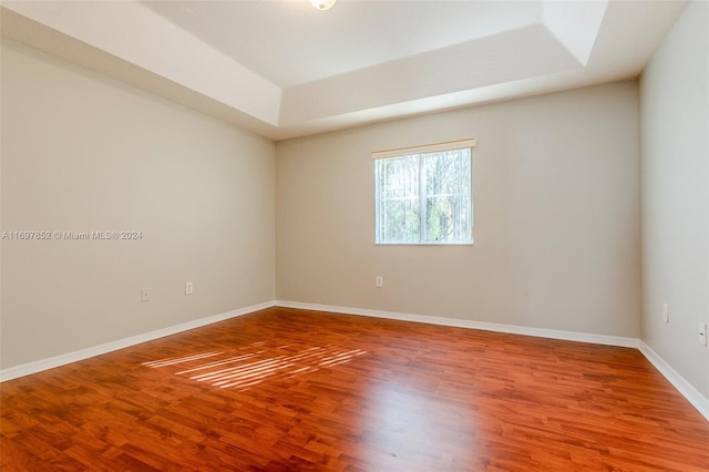 empty room featuring a raised ceiling and wood-type flooring