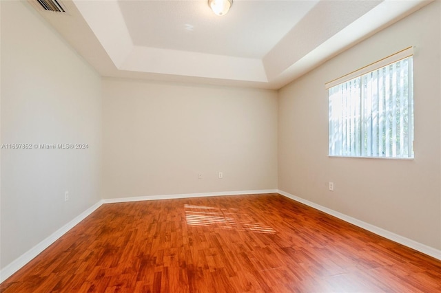 empty room with a raised ceiling and wood-type flooring