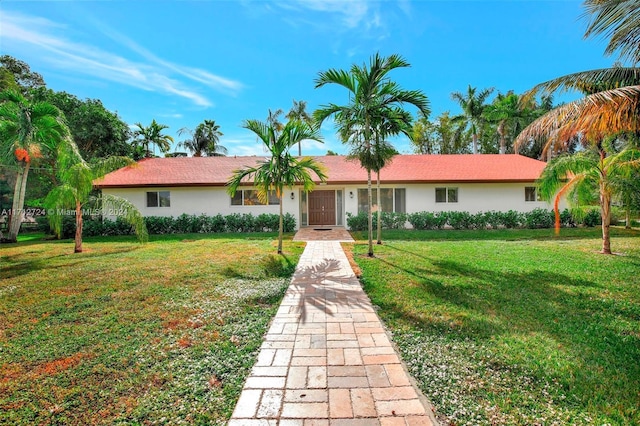 ranch-style home featuring a front lawn