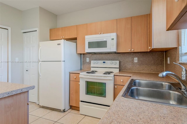 kitchen featuring decorative backsplash, light tile patterned floors, white appliances, and sink