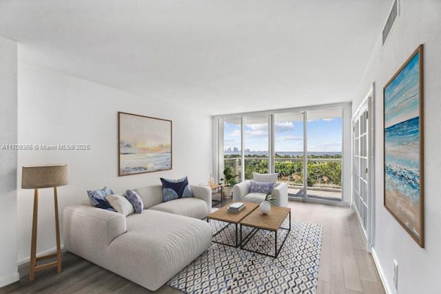 living room with light hardwood / wood-style flooring and floor to ceiling windows