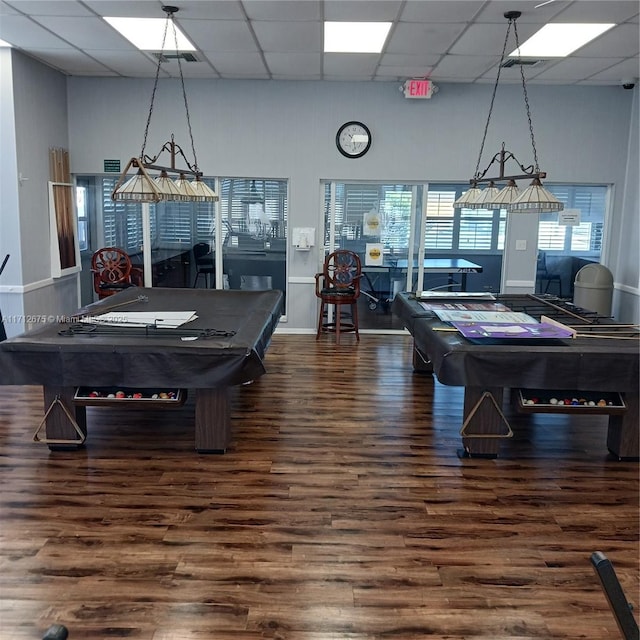 recreation room with billiards, wood finished floors, and a paneled ceiling