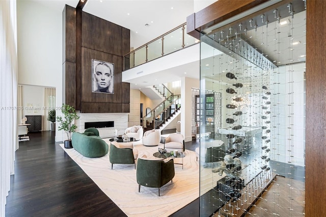 wine cellar featuring a premium fireplace, a towering ceiling, and dark hardwood / wood-style floors