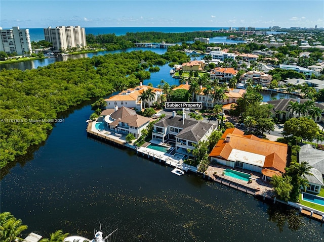 aerial view featuring a water view