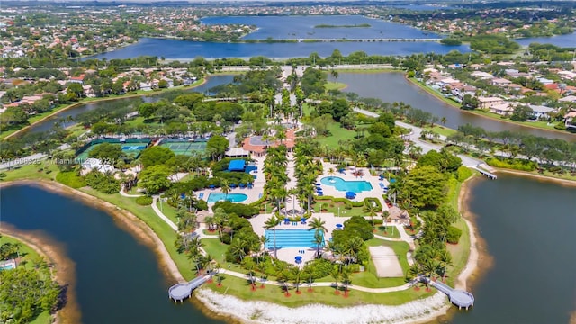 birds eye view of property featuring a water view