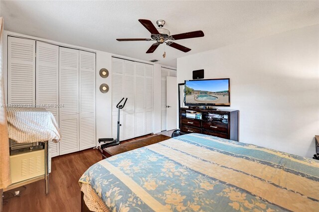 bedroom with a textured ceiling, ceiling fan, dark wood-type flooring, and multiple closets